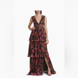 AMUR Fluer Floral Pleated Sleeveless Gown